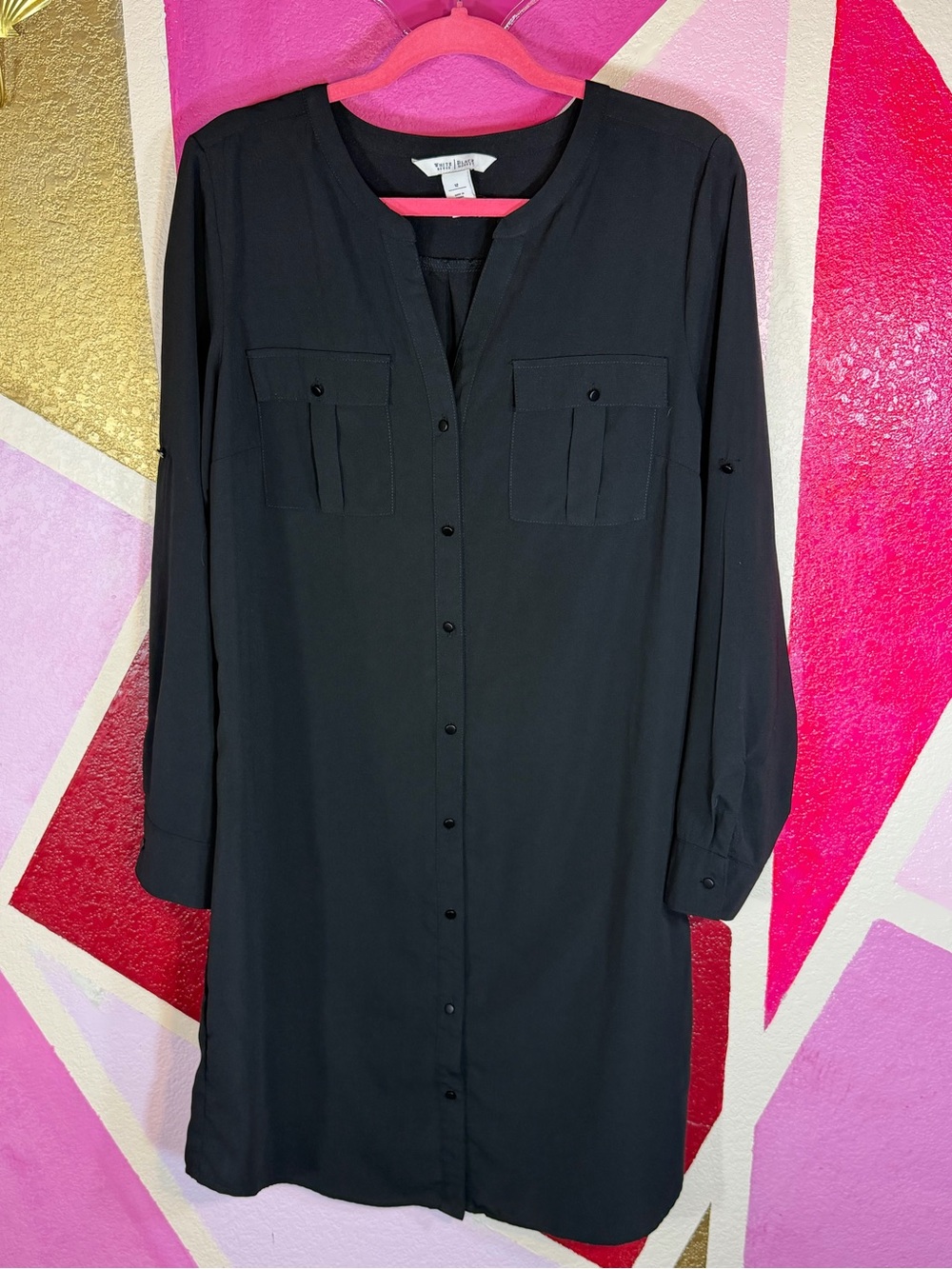 White House Black Market Black Utility Shirt Dress Snap Front Pockets 12